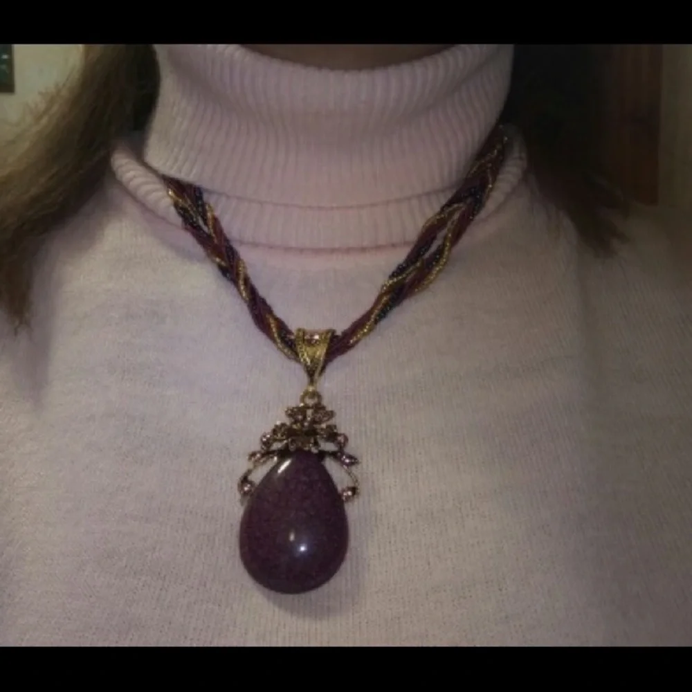 Witchy Boho Purple Stone Charm Braided Layer Drop Pendant Necklace